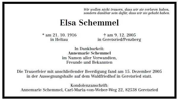 Schemmel Elsa 1916-2005Todesanzeige